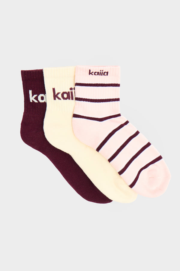 Pack of Three Kaiia Stripe Socks Pink , Cream & Burgundy