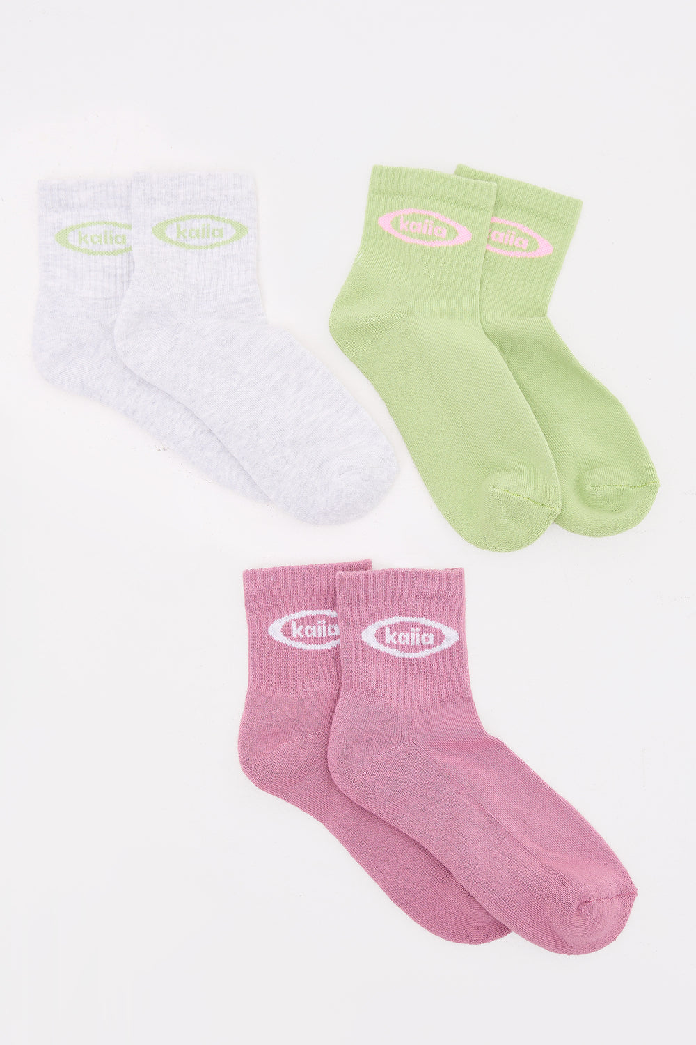 Pack of Three Kaiia Logo Socks Pistachio, Light Grey Marl & Pink Meringue