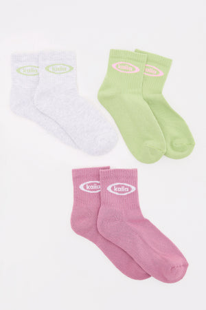 Pack of Three Kaiia Logo Socks Pistachio, Light Grey Marl & Pink Meringue