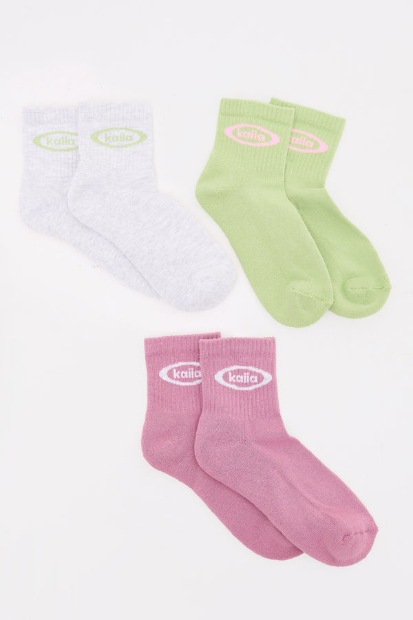 Pack of Three Kaiia Logo Socks Pistachio, Light Grey Marl & Pink Meringue