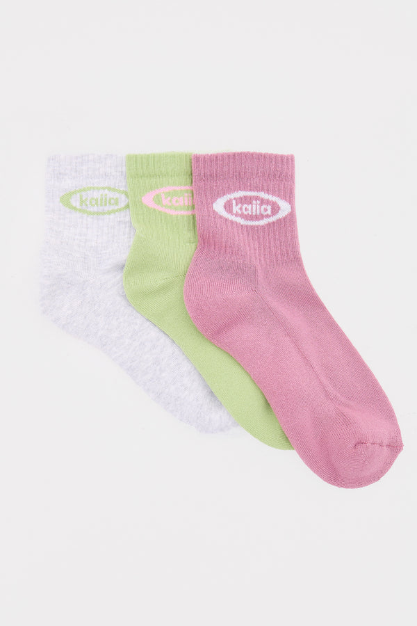 Pack of Three Kaiia Logo Socks Pistachio, Light Grey Marl & Pink Meringue