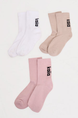 Pack of Three Kaiia Logo Socks Pale Lilac, Taupe & White