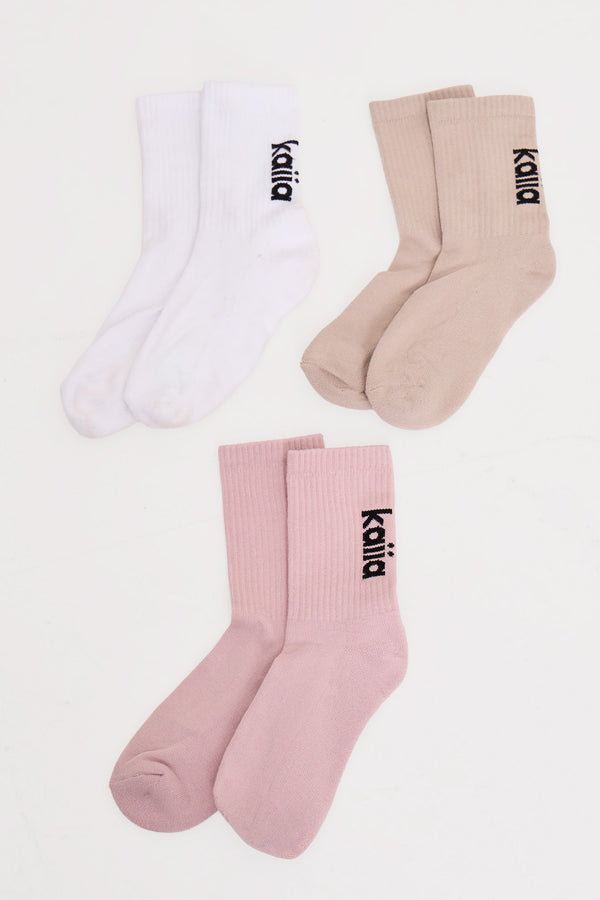 Pack of Three Kaiia Logo Socks Pale Lilac, Taupe & White