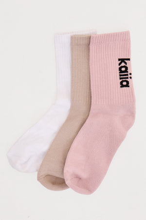 Pack of Three Kaiia Logo Socks Pale Lilac, Taupe & White