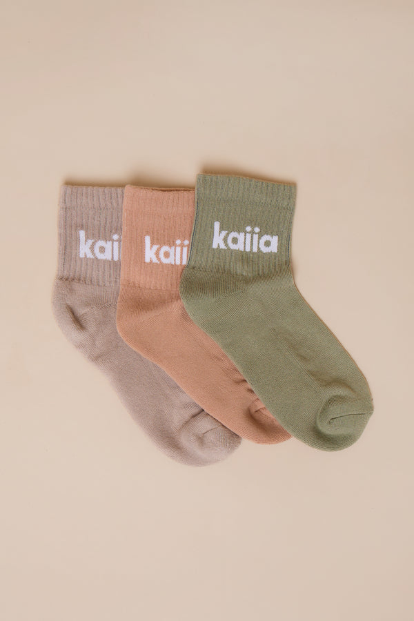 Pack of Three Kaiia Logo Socks Chalk, Eucalyptus & Clay Pink