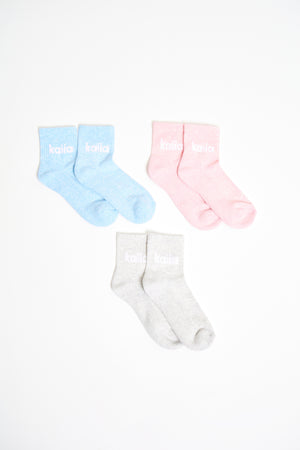 Kaiia Pack of Three Logo Socks Pink, Blue & Grey Marl