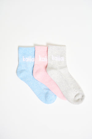 Kaiia Pack of Three Logo Socks Pink, Blue & Grey Marl