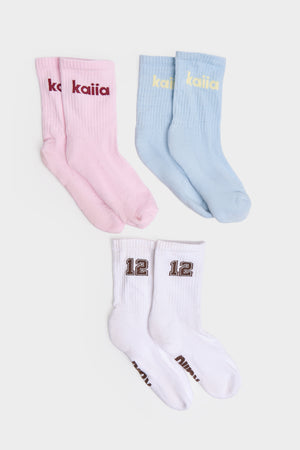 Pack of Three Kaiia Varsity Socks Cream, Baby Blue & Baby Pink