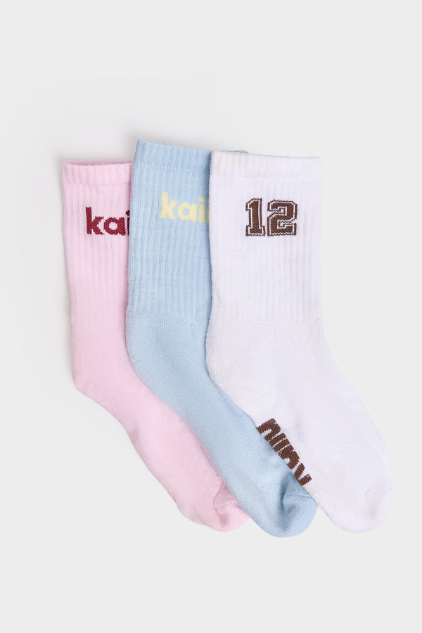 Pack of Three Kaiia Varsity Socks Cream, Baby Blue & Baby Pink