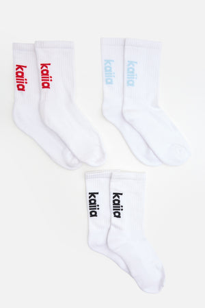 Kaiia Pack of Three Logo Socks Black, Red & Baby Blue