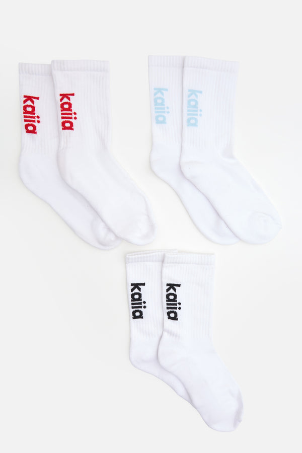 Kaiia Pack of Three Logo Socks Black, Red & Baby Blue