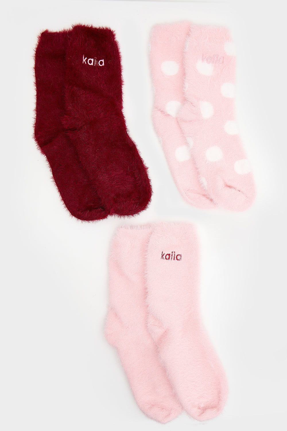 Kaiia Pack Of Three Logo Fluffy Socks Pink, Cream & Berry