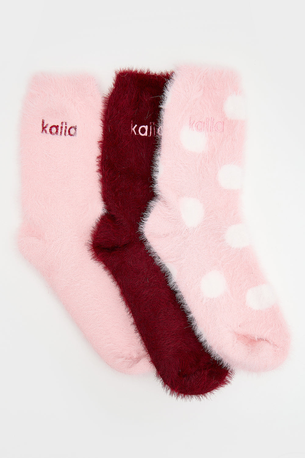 Kaiia Pack Of Three Logo Fluffy Socks Pink, Cream & Berry