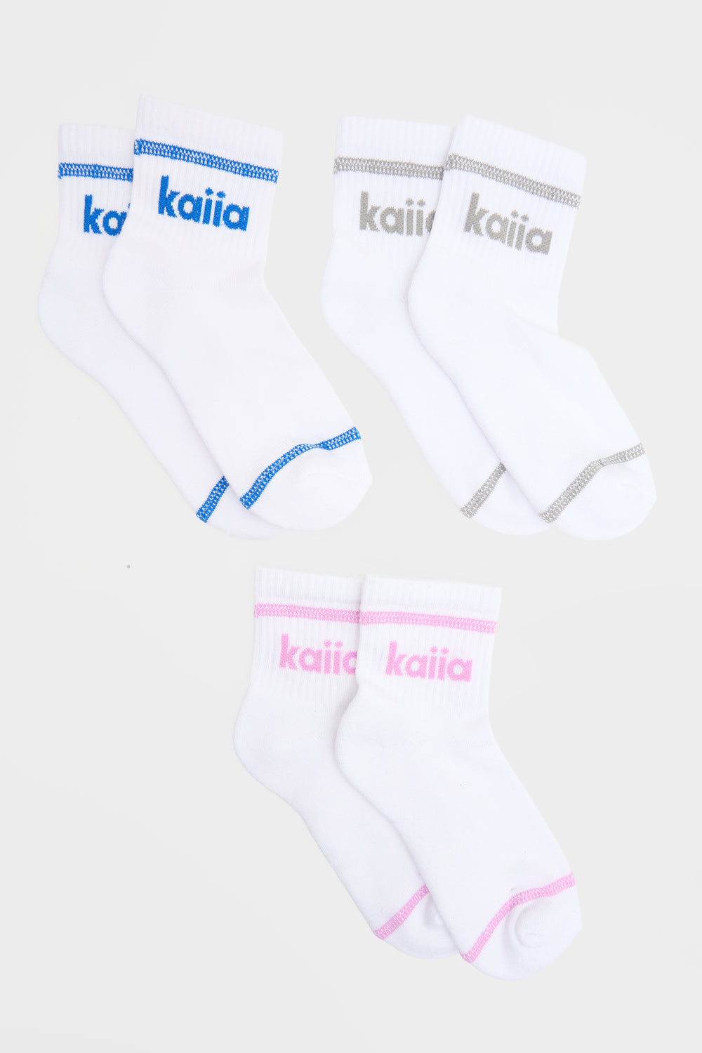 Kaiia Pack Of Three Contrast Stitch Logo Socks Mid Grey, Cobalt & Fuchsia