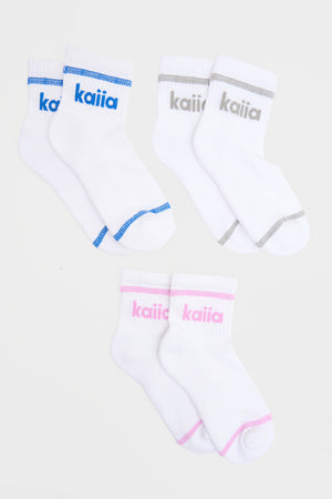 Kaiia Pack Of Three Contrast Stitch Logo Socks Mid Grey, Cobalt & Fuchsia