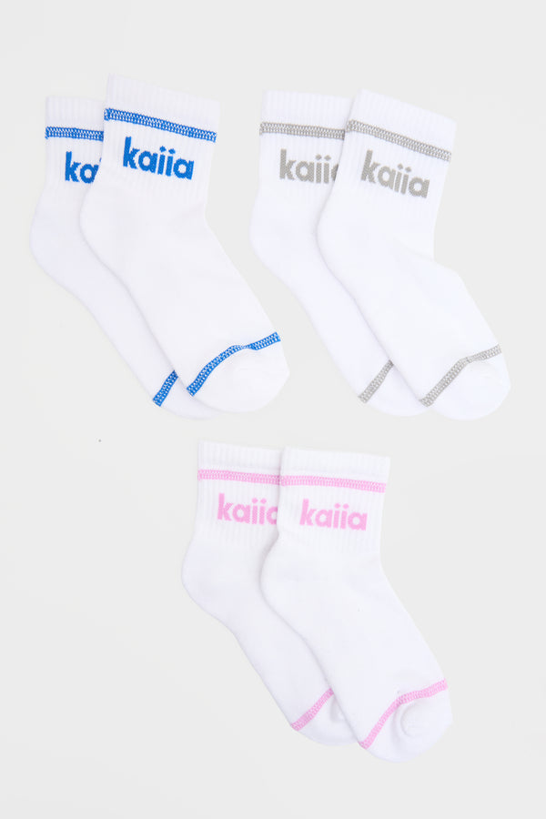 Kaiia Pack Of Three Contrast Stitch Logo Socks Mid Grey, Cobalt & Fuchsia
