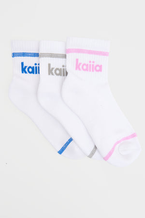 Kaiia Pack Of Three Contrast Stitch Logo Socks Mid Grey, Cobalt & Fuchsia