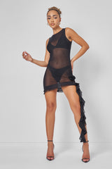 Semi-sheer Asymmetric Ruffle Detail Mini Dress Black