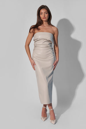 Kaiia Leather Look Ruched Bandeau Midaxi Dress in Ecru