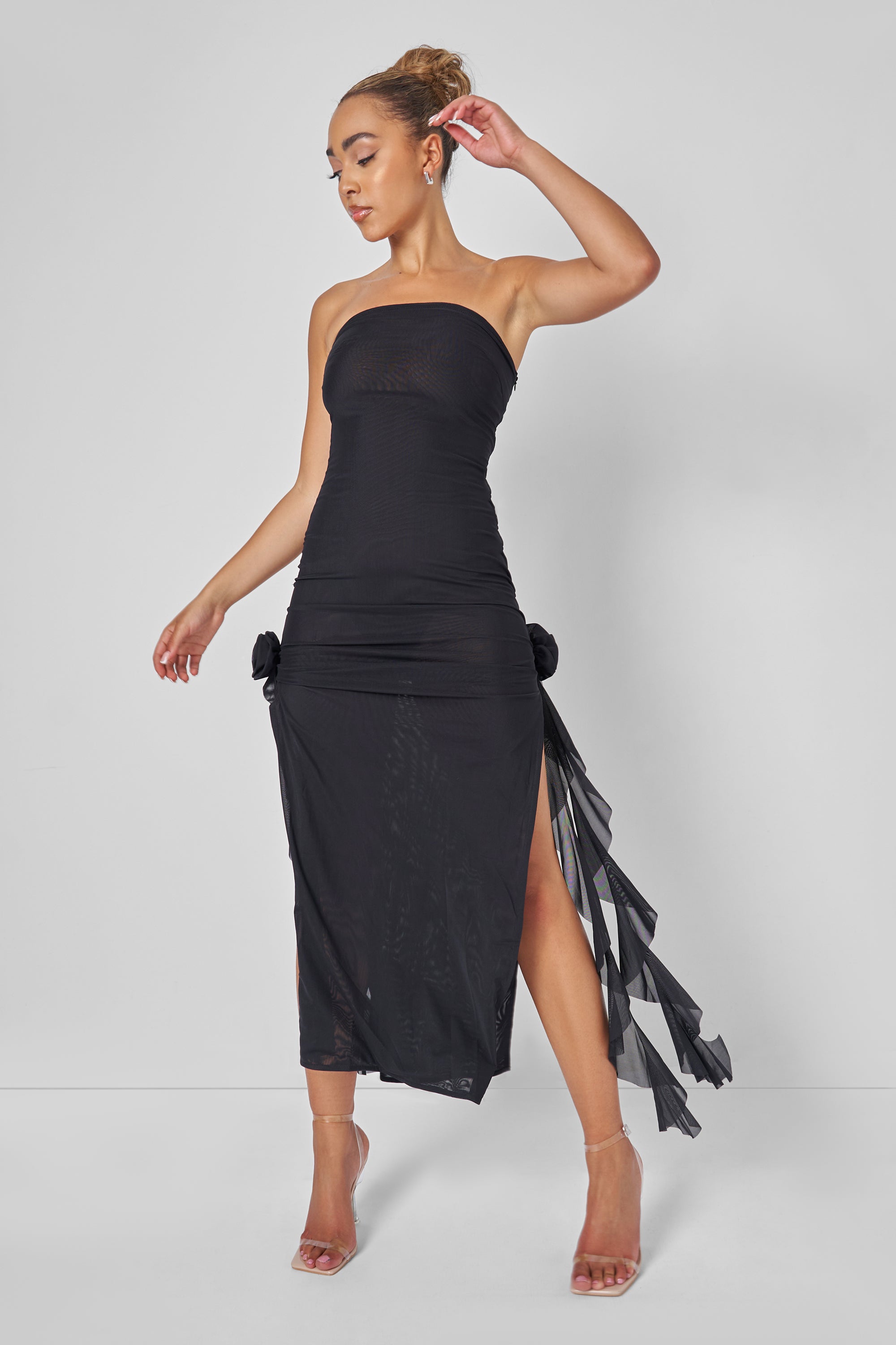 Bandeau Ruffle Detail Midi Dress Black