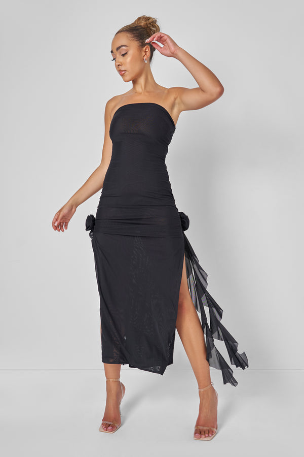Bandeau Ruffle Detail Midi Dress Black