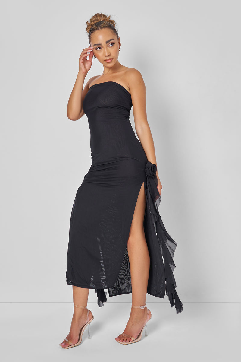 Bandeau Ruffle Detail Midi Dress Black