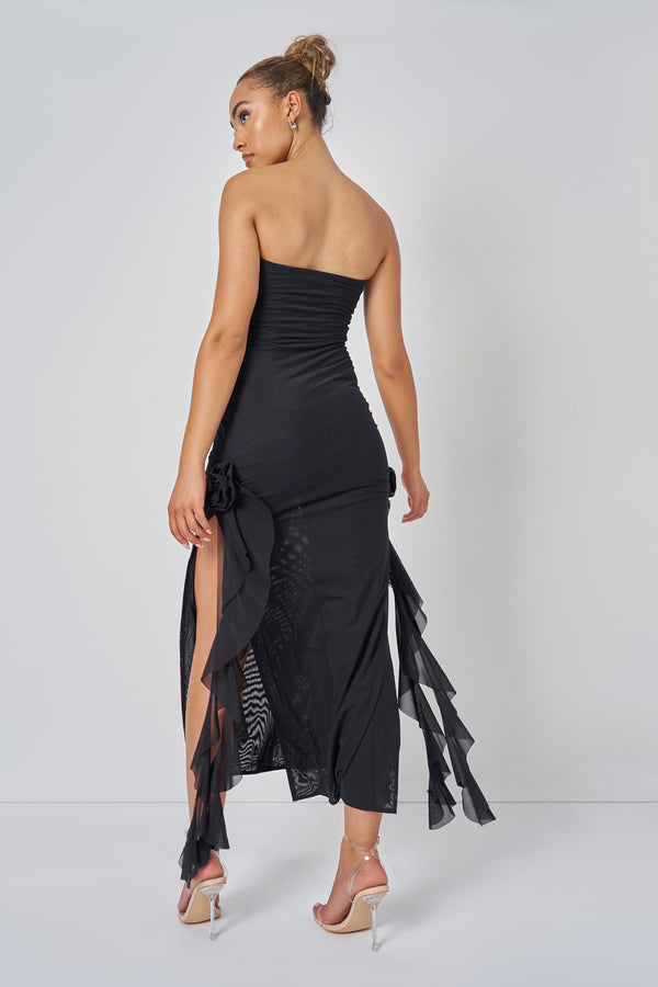 Bandeau Ruffle Detail Midi Dress Black