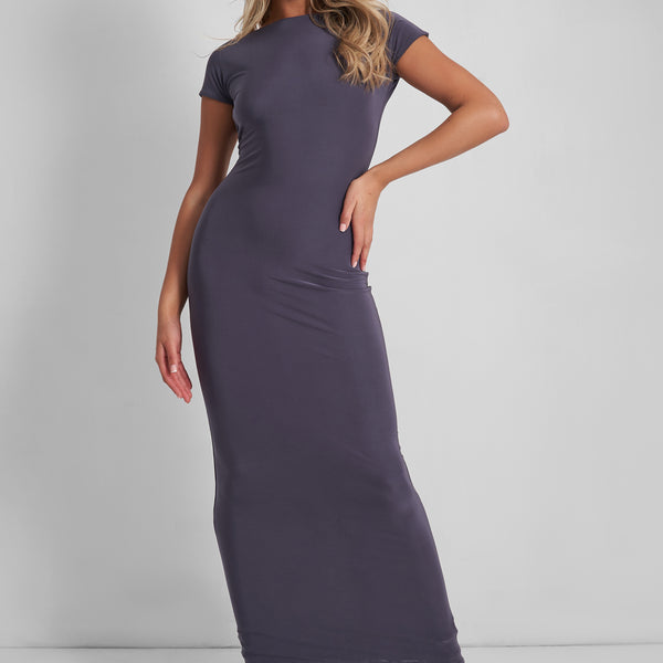 charcoal grey slinky backless high neck tie maxi dress Kaiia Slinky Low Back Maxi Dress Charcoal
