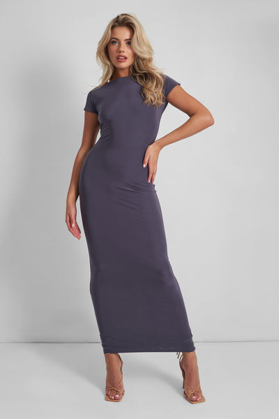 charcoal grey slinky backless high neck tie maxi dress Kaiia Low Back Size Guide:10