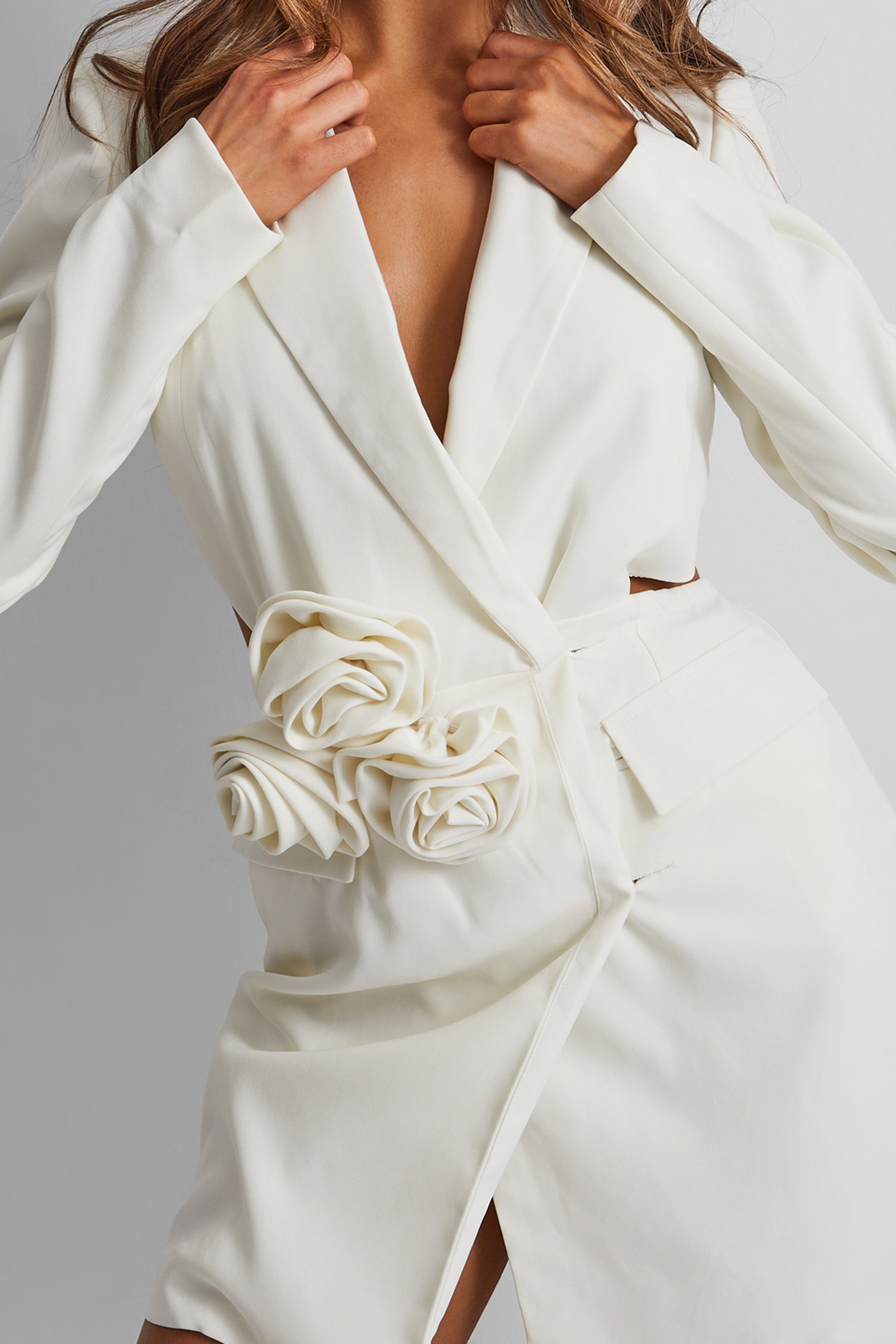 Kaiia Cut Out Corsage Detail Mini Blazer Dress in Ivory