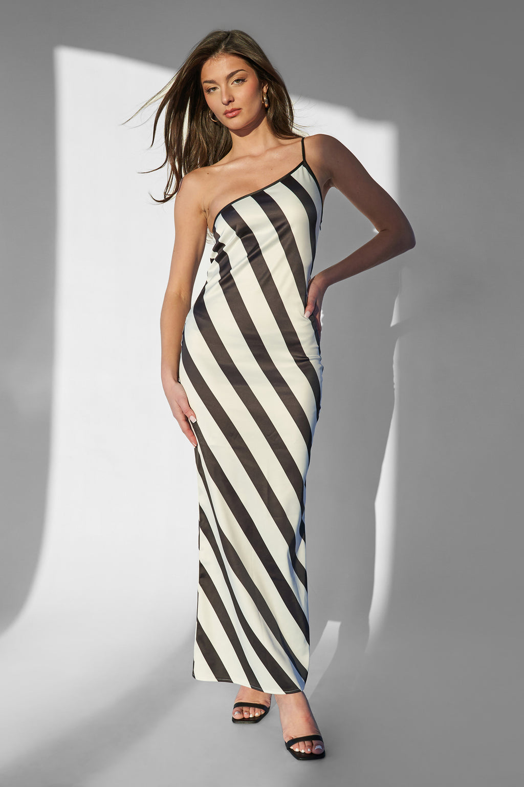 One Shoulder Maxi Dress Monochrome Stripe