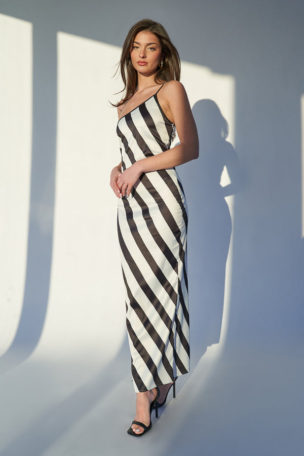 Kaiia One Shoulder Maxi Dress Monochrome Stripe