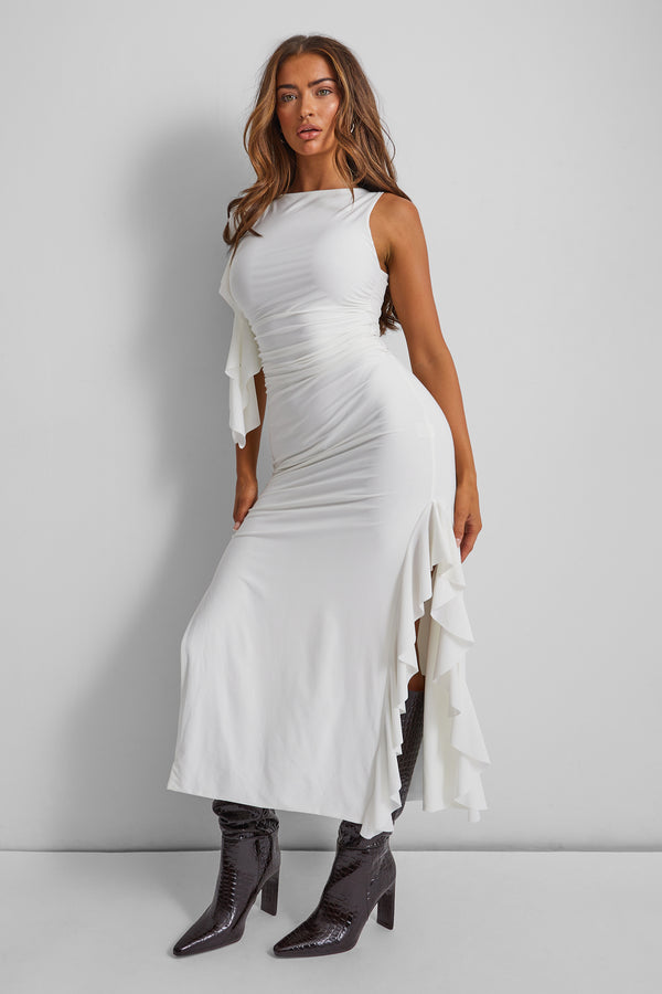 Kaiia Slinky Ruched Drape Detail Midi Dress in White
