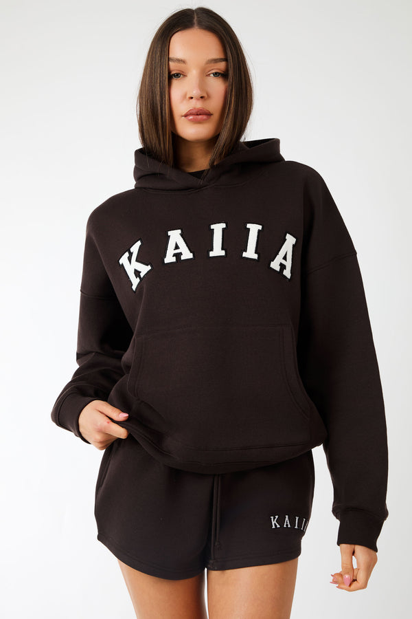 Kaiia Slogan Oversized Hoodie Brown
