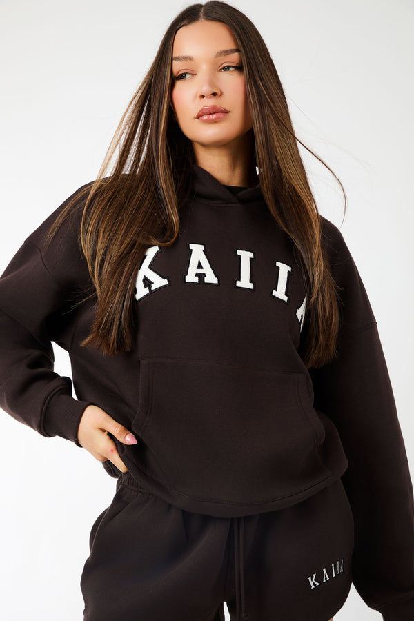 Kaiia Slogan Oversized Hoodie Brown