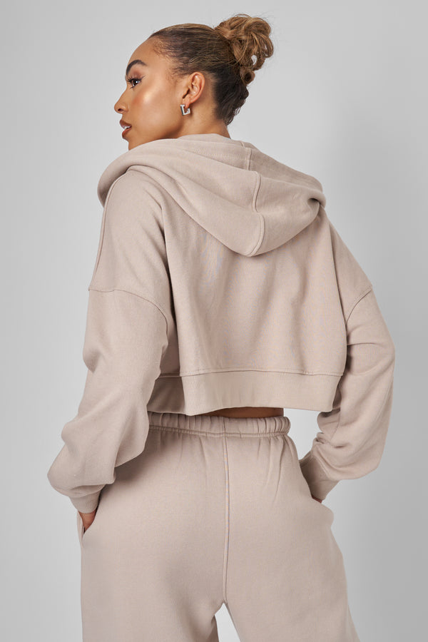 Kaiia Zip Through Cropped Hoodie Stone