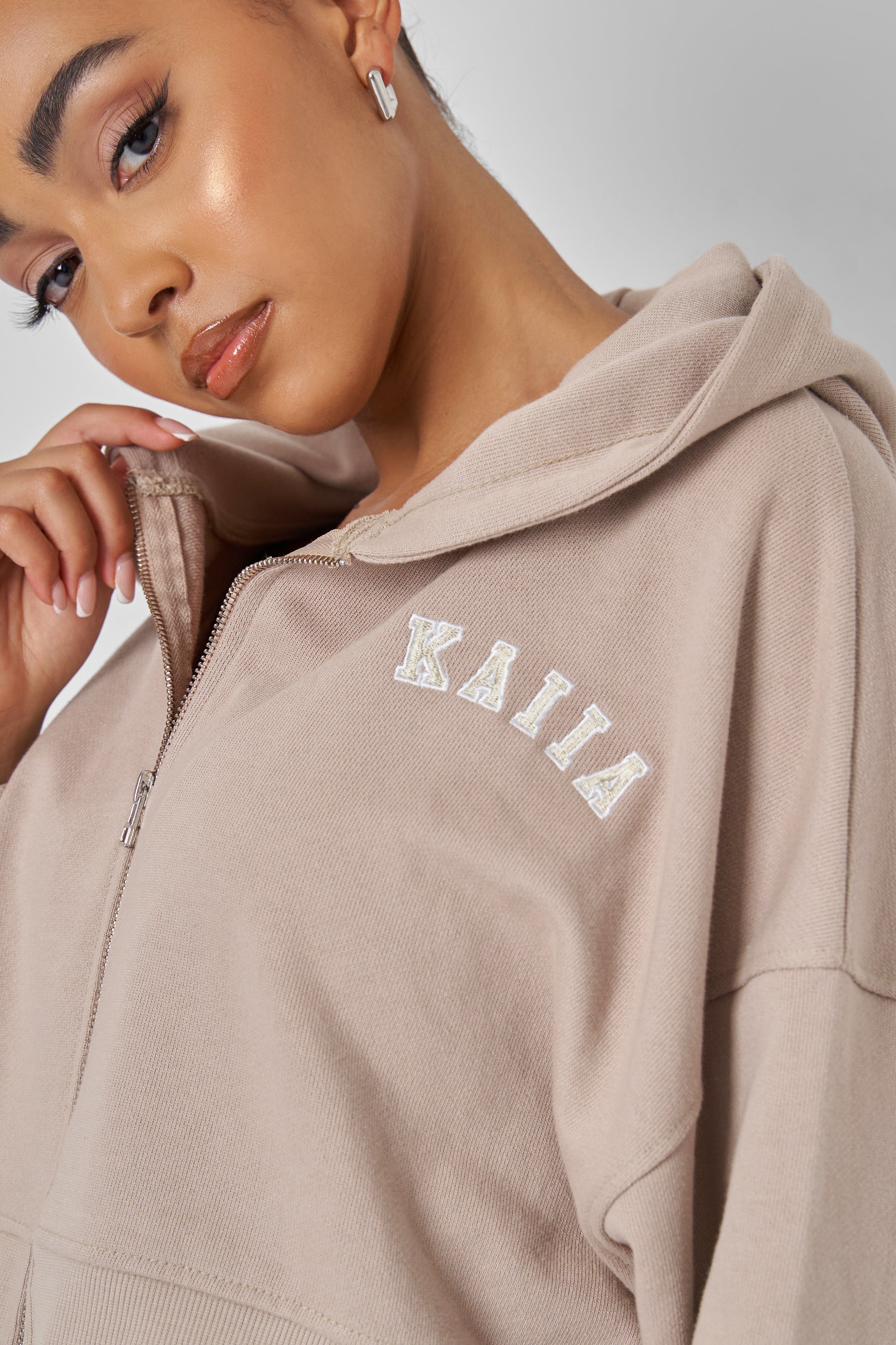 Kaiia Zip Through Cropped Hoodie Stone
