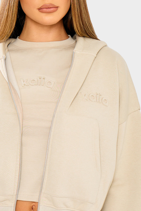 Kaiia Embossed Oversized Zip Through Hoodie Ash Taupe