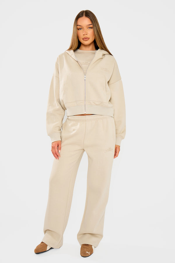 Kaiia Embossed Oversized Zip Through Hoodie Ash Taupe