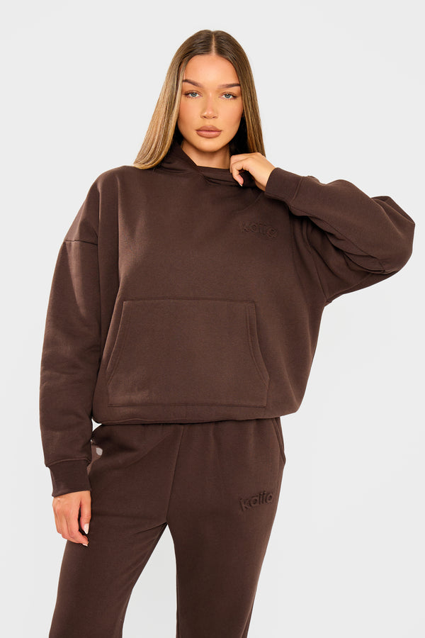 Kaiia Embossed Logo Oversized Hoodie Bitter Chocolate