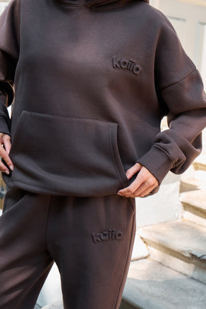 Kaiia Embossed Logo Oversized Hoodie Bitter Chocolate