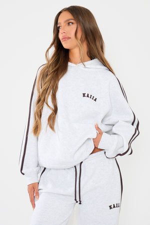 Kaiia Slogan Side Stripe Oversized Hoodie Light Grey Marl & Brown