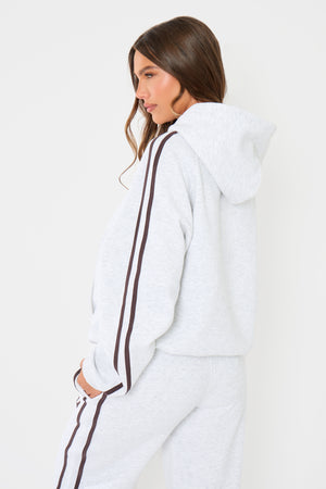 Kaiia Slogan Side Stripe Oversized Hoodie Light Grey Marl & Brown