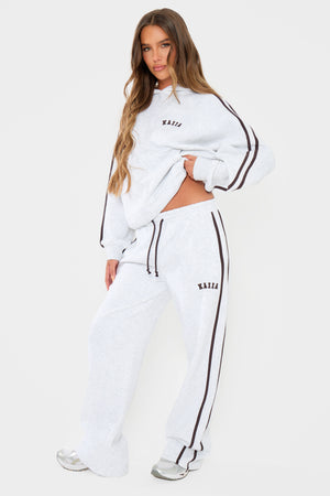 Kaiia Slogan Side Stripe Oversized Hoodie Light Grey Marl & Brown