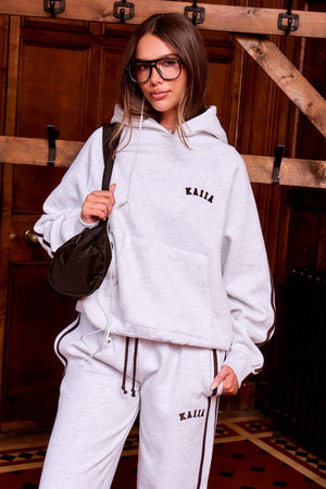 Kaiia Slogan Side Stripe Oversized Hoodie Light Grey Marl & Brown