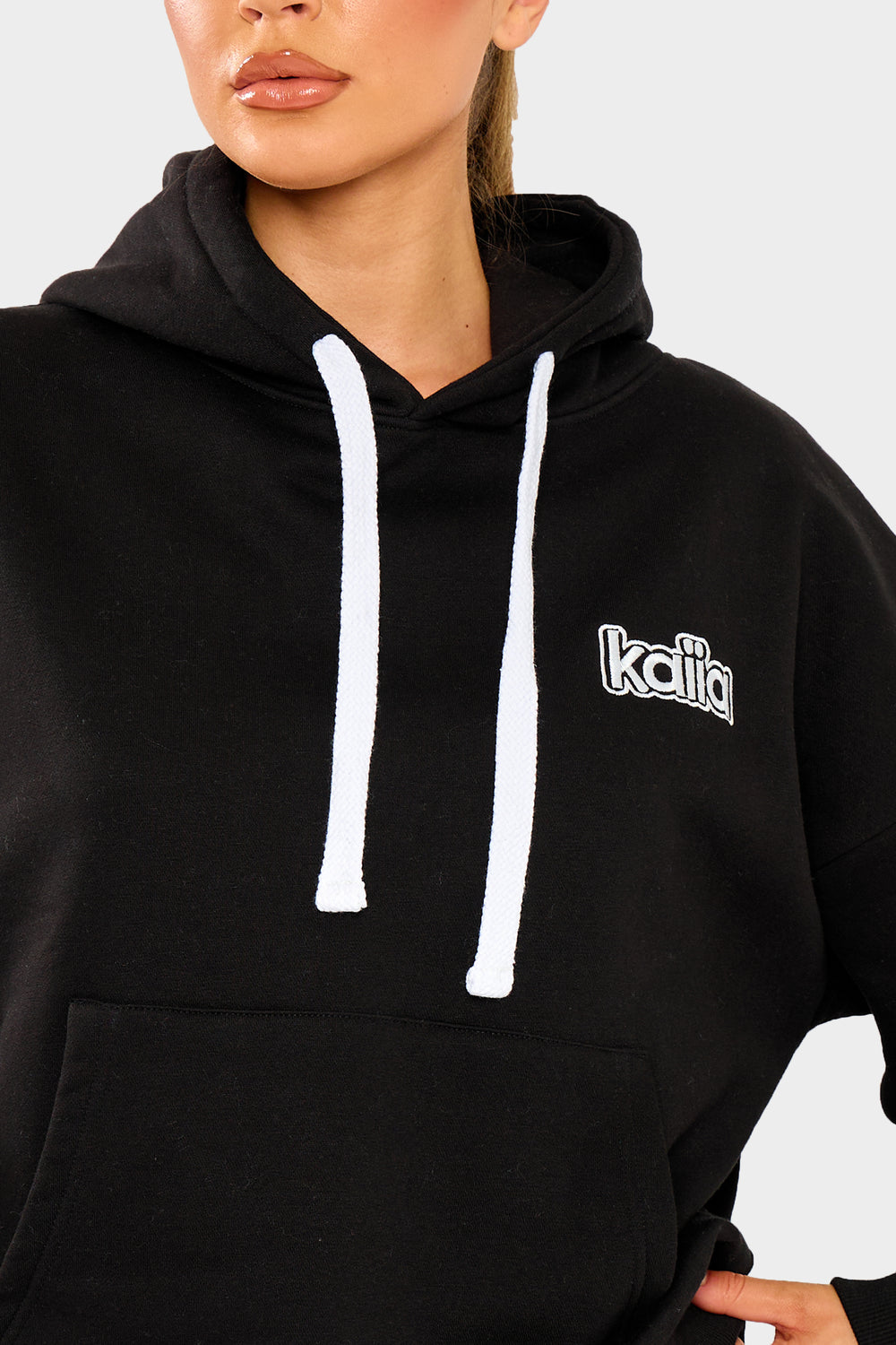 Kaiia Logo Oversized Drawstring Hoodie Black & White