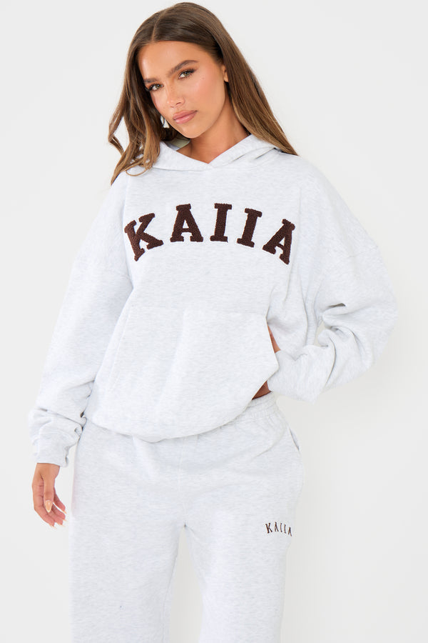 Kaiia Slogan Oversized Hoodie Light Grey Marl & Brown