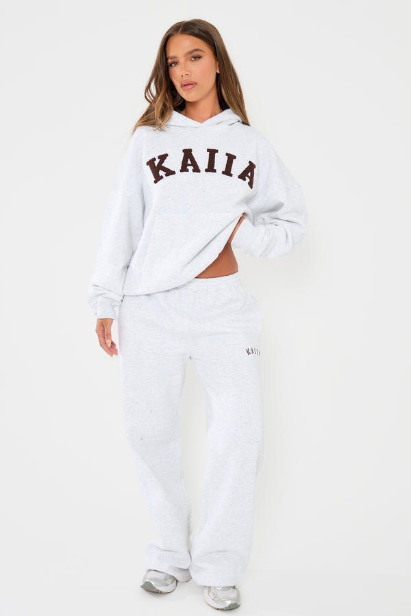 Kaiia Slogan Oversized Hoodie Light Grey Marl & Brown