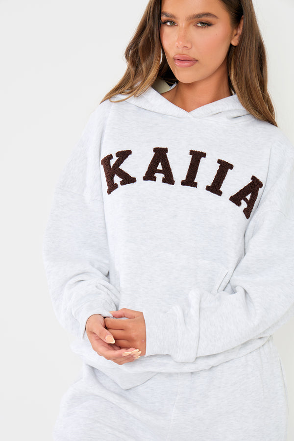 Kaiia Slogan Oversized Hoodie Light Grey Marl & Dark Brown