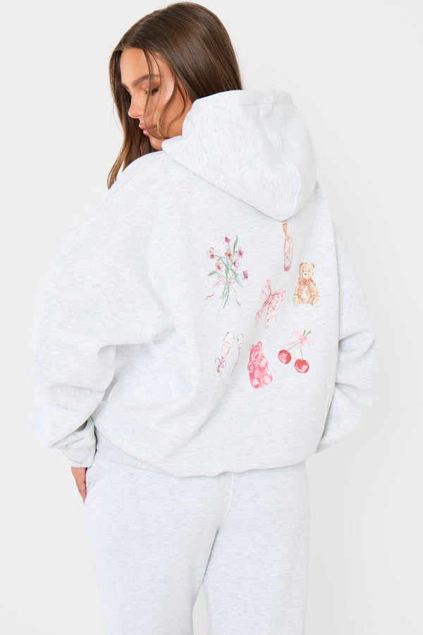 Kaiia Girly Back Graphic Oversized Hoodie Light Grey Marl